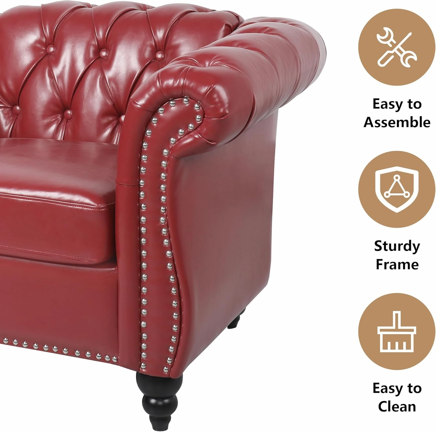 2 Piece Living Room Sofa Set, Chesterfield 3 Seat Sofa Loveseat, Modern Leather Couch Set with Rolled Arms and Nailhead Upholstered for Living Room, Office and Apartment, Claret