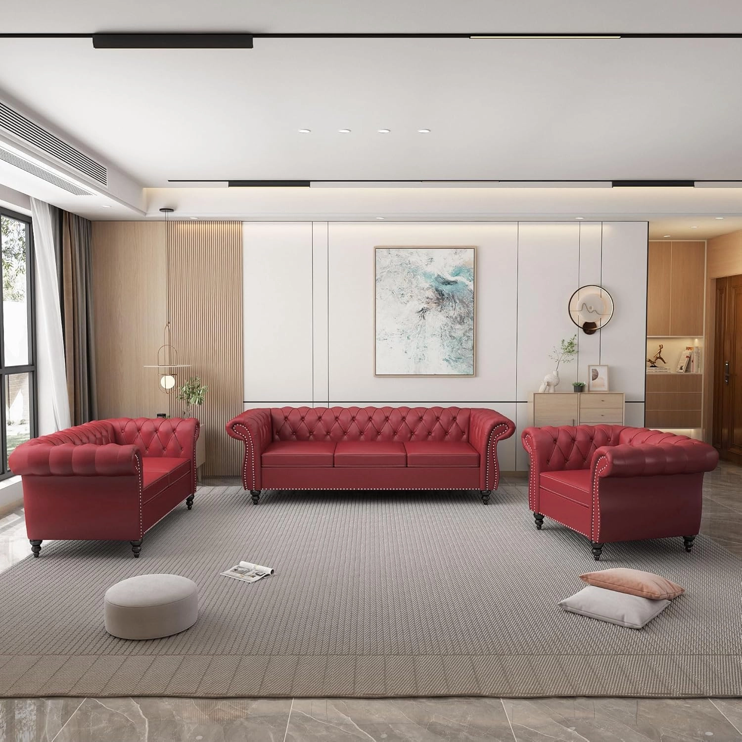 2 Piece Living Room Sofa Set, Chesterfield 3 Seat Sofa Loveseat, Modern Leather Couch Set with Rolled Arms and Nailhead Upholstered for Living Room, Office and Apartment, Claret