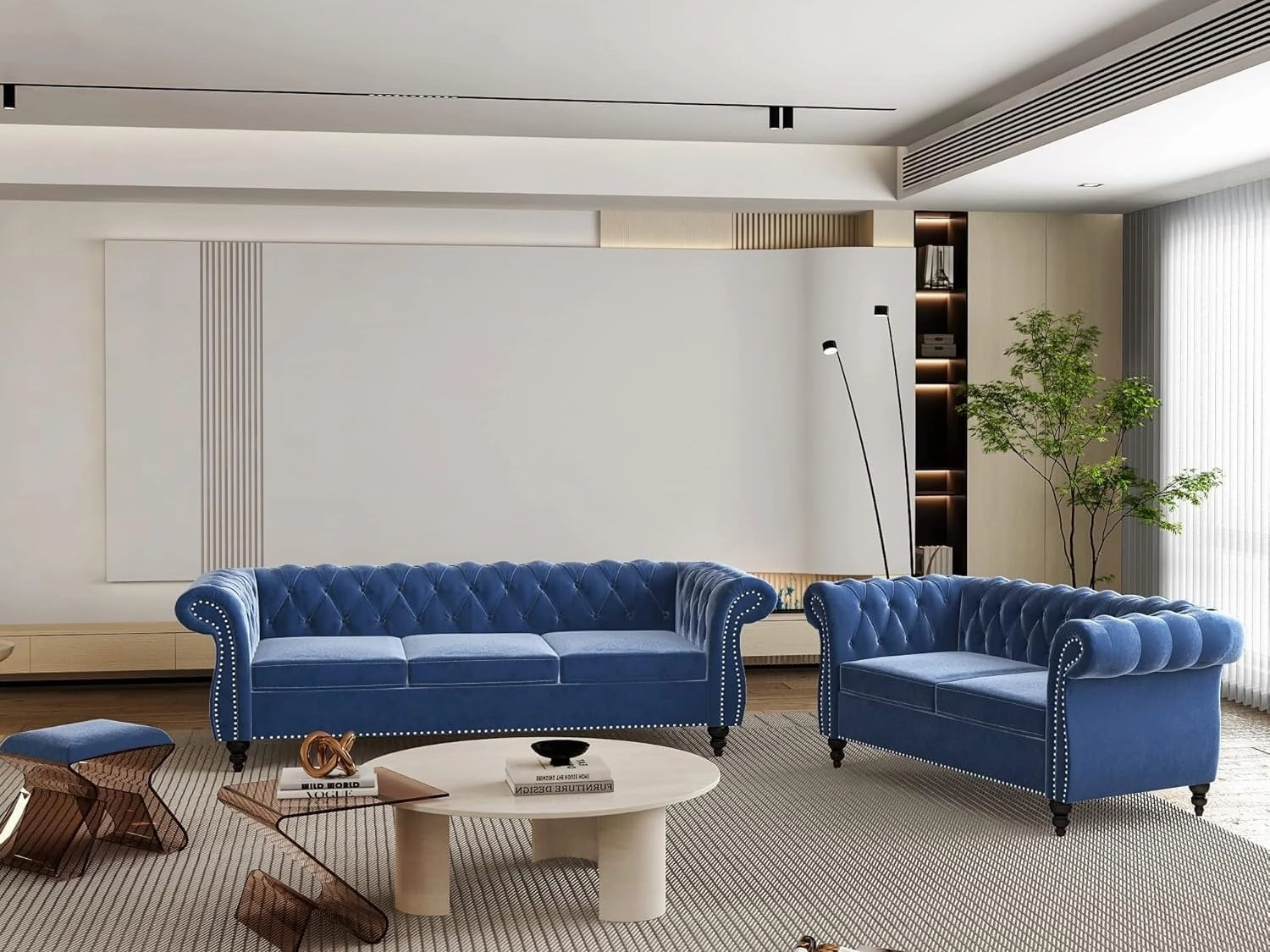 2 Piece Living Room Sofa Set, Chesterfield 3 Seat Sofa Loveseat, Modern Velvet Couch Set with Rolled Arms and Nailhead Upholstered for Living Room, Office and Apartment, Blue
