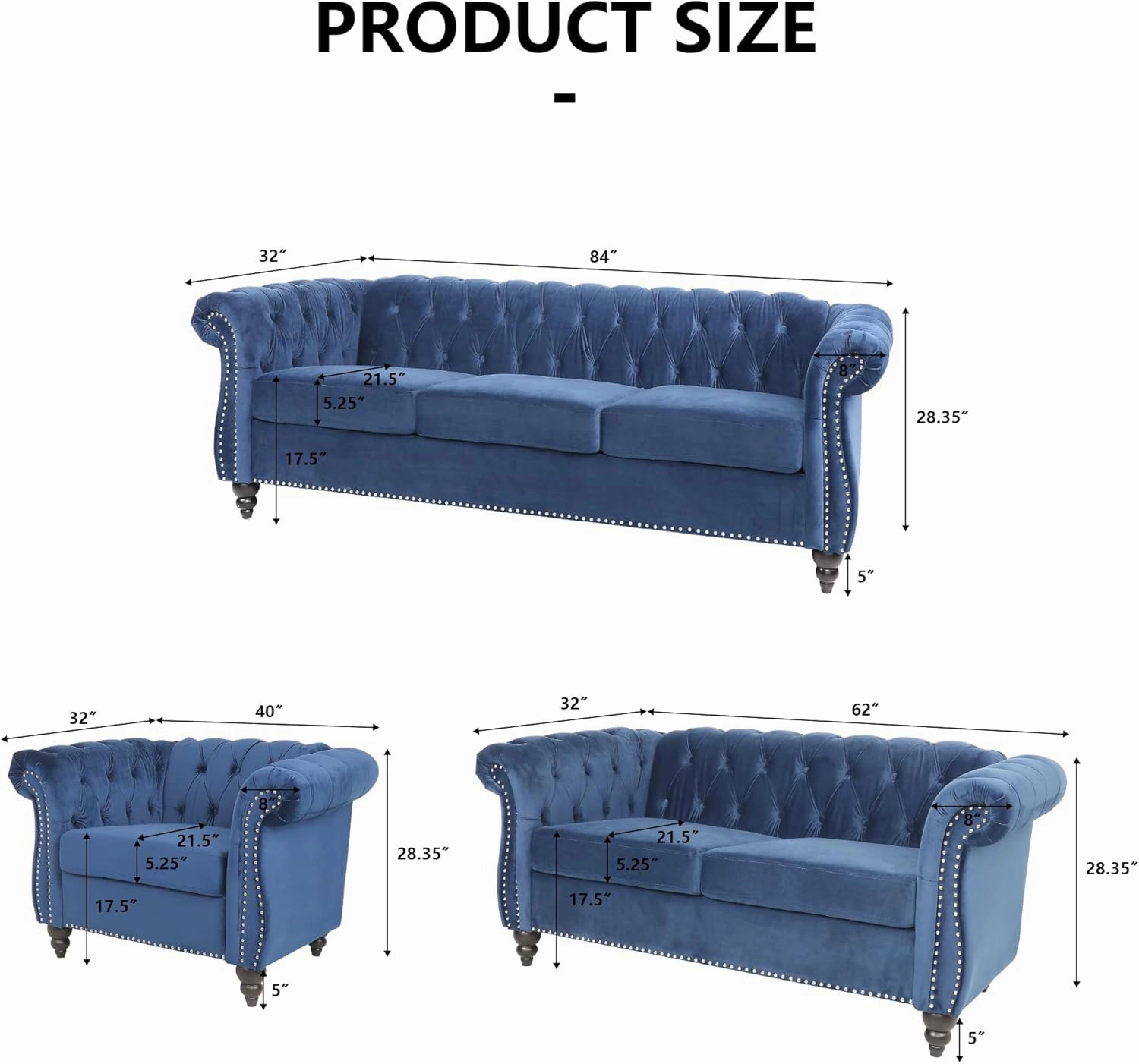 2 Piece Living Room Sofa Set, Chesterfield 3 Seat Sofa Loveseat, Modern Velvet Couch Set with Rolled Arms and Nailhead Upholstered for Living Room, Office and Apartment, Blue