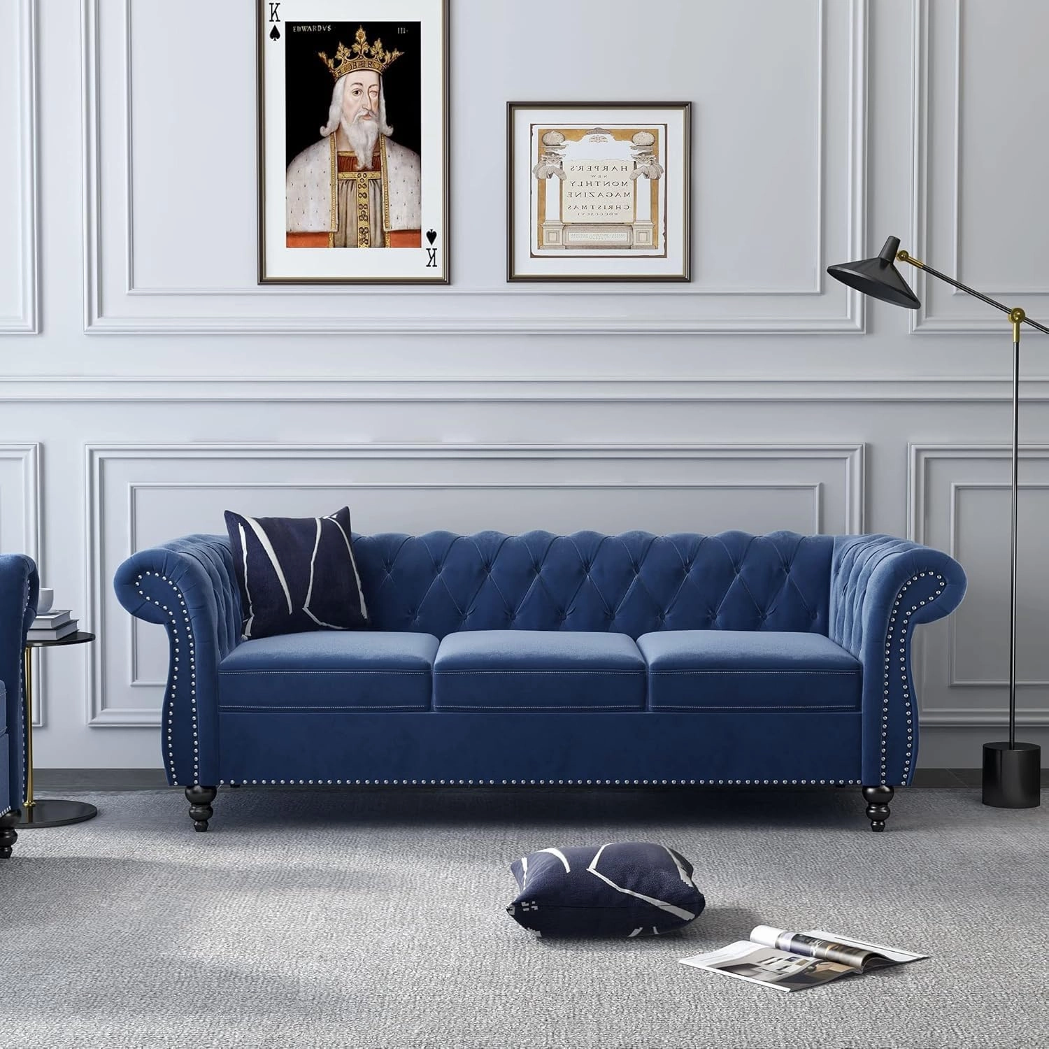 2 Piece Living Room Sofa Set, Chesterfield 3 Seat Sofa Loveseat, Modern Velvet Couch Set with Rolled Arms and Nailhead Upholstered for Living Room, Office and Apartment, Blue