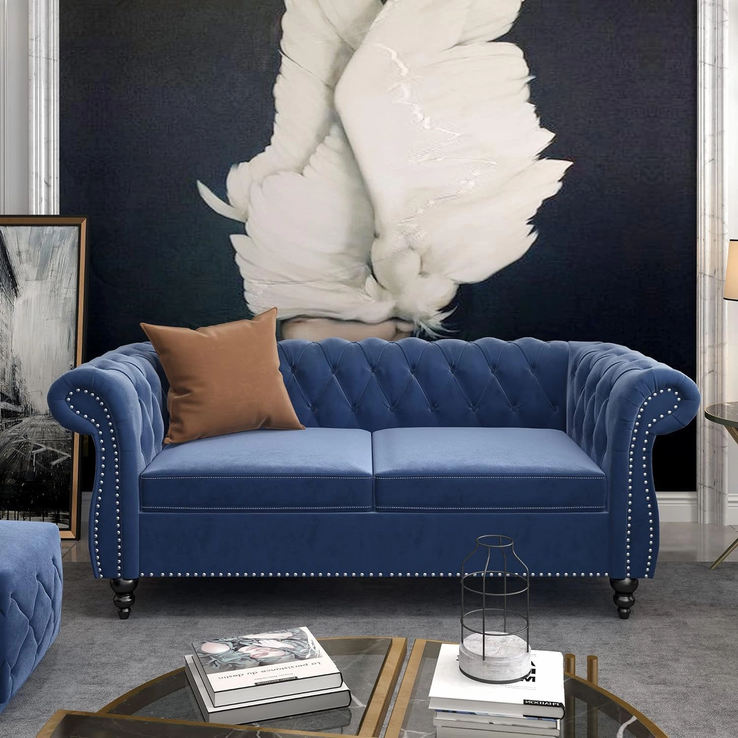 2 Piece Living Room Sofa Set, Chesterfield 3 Seat Sofa Loveseat, Modern Velvet Couch Set with Rolled Arms and Nailhead Upholstered for Living Room, Office and Apartment, Blue