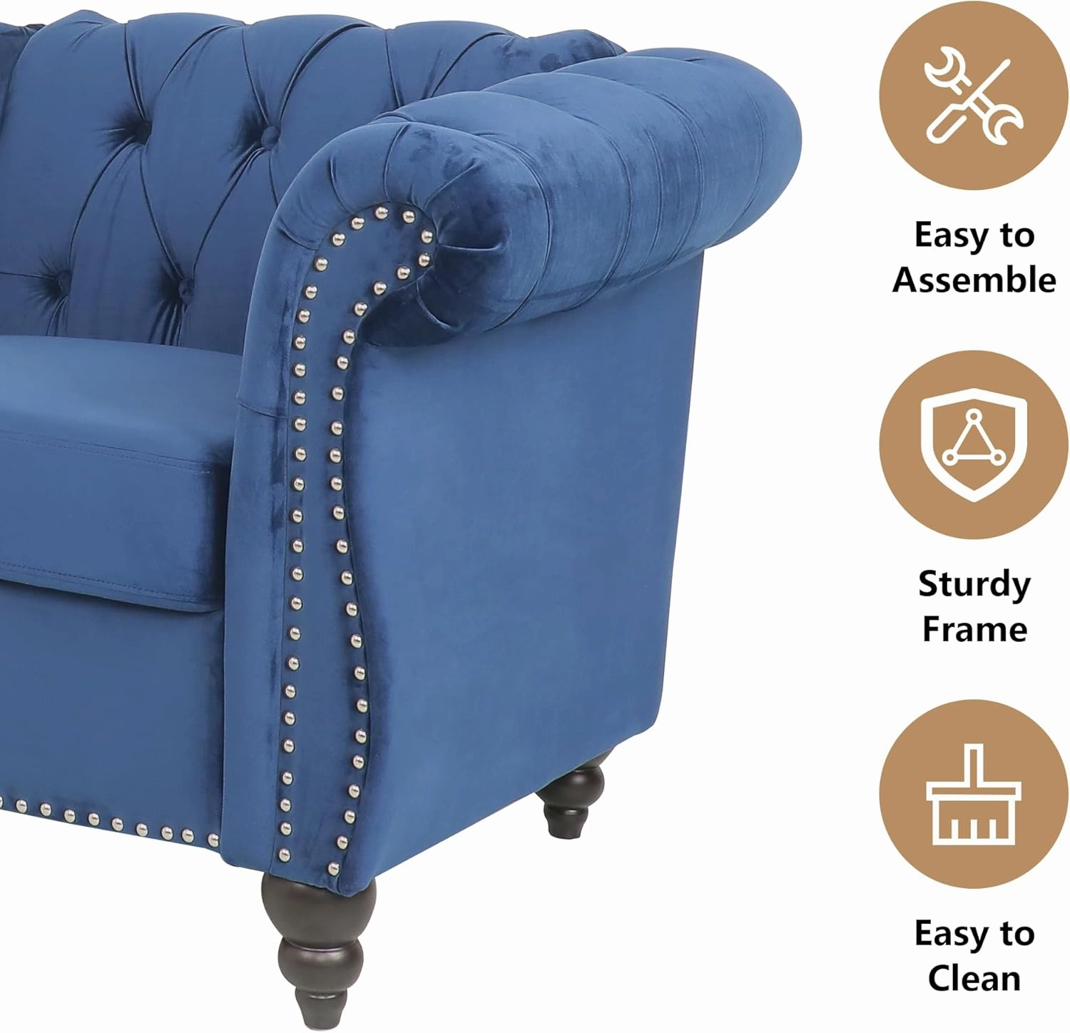 2 Piece Living Room Sofa Set, Chesterfield 3 Seat Sofa Loveseat, Modern Velvet Couch Set with Rolled Arms and Nailhead Upholstered for Living Room, Office and Apartment, Blue
