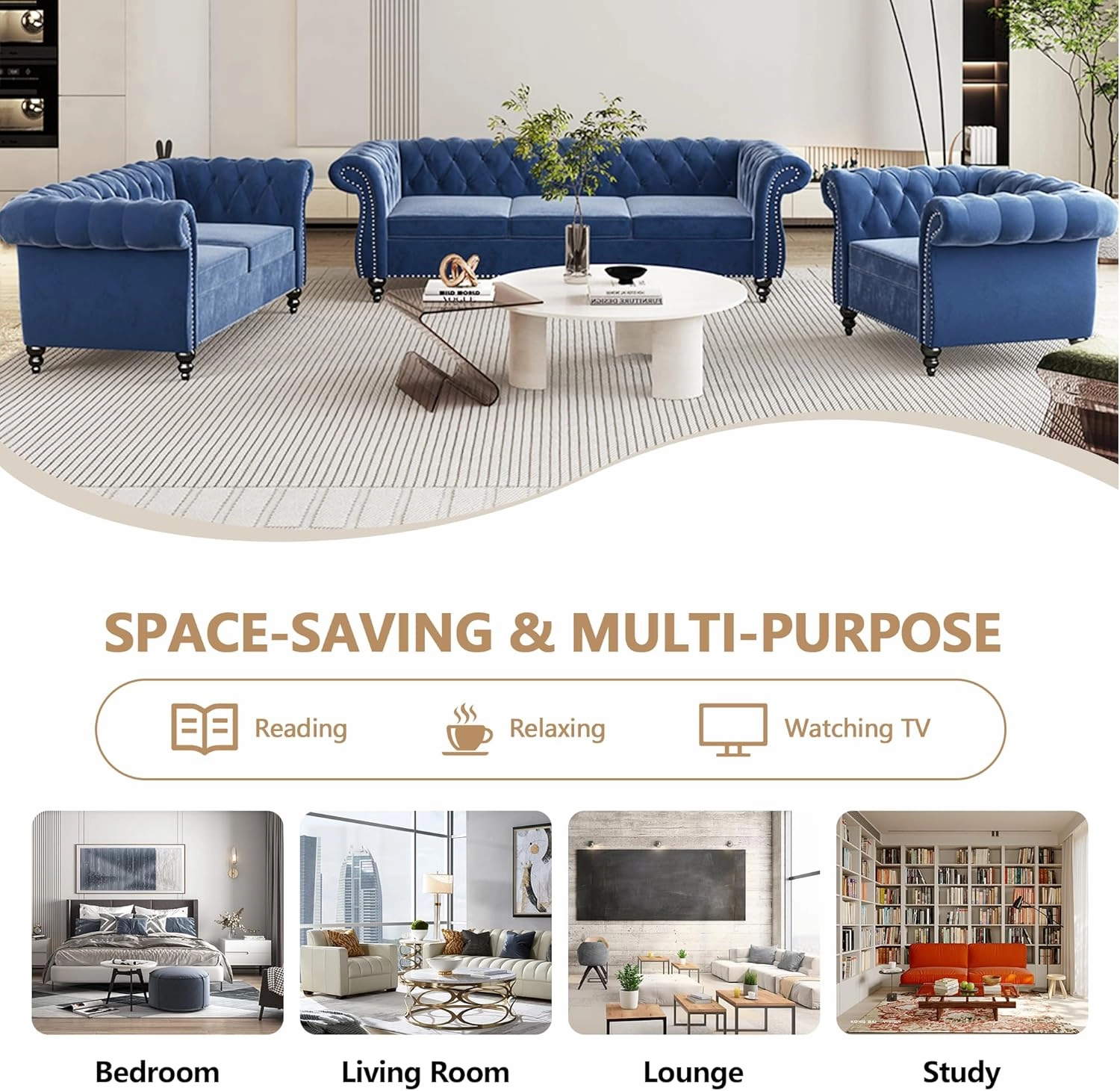 2 Piece Living Room Sofa Set, Chesterfield 3 Seat Sofa Loveseat, Modern Velvet Couch Set with Rolled Arms and Nailhead Upholstered for Living Room, Office and Apartment, Blue