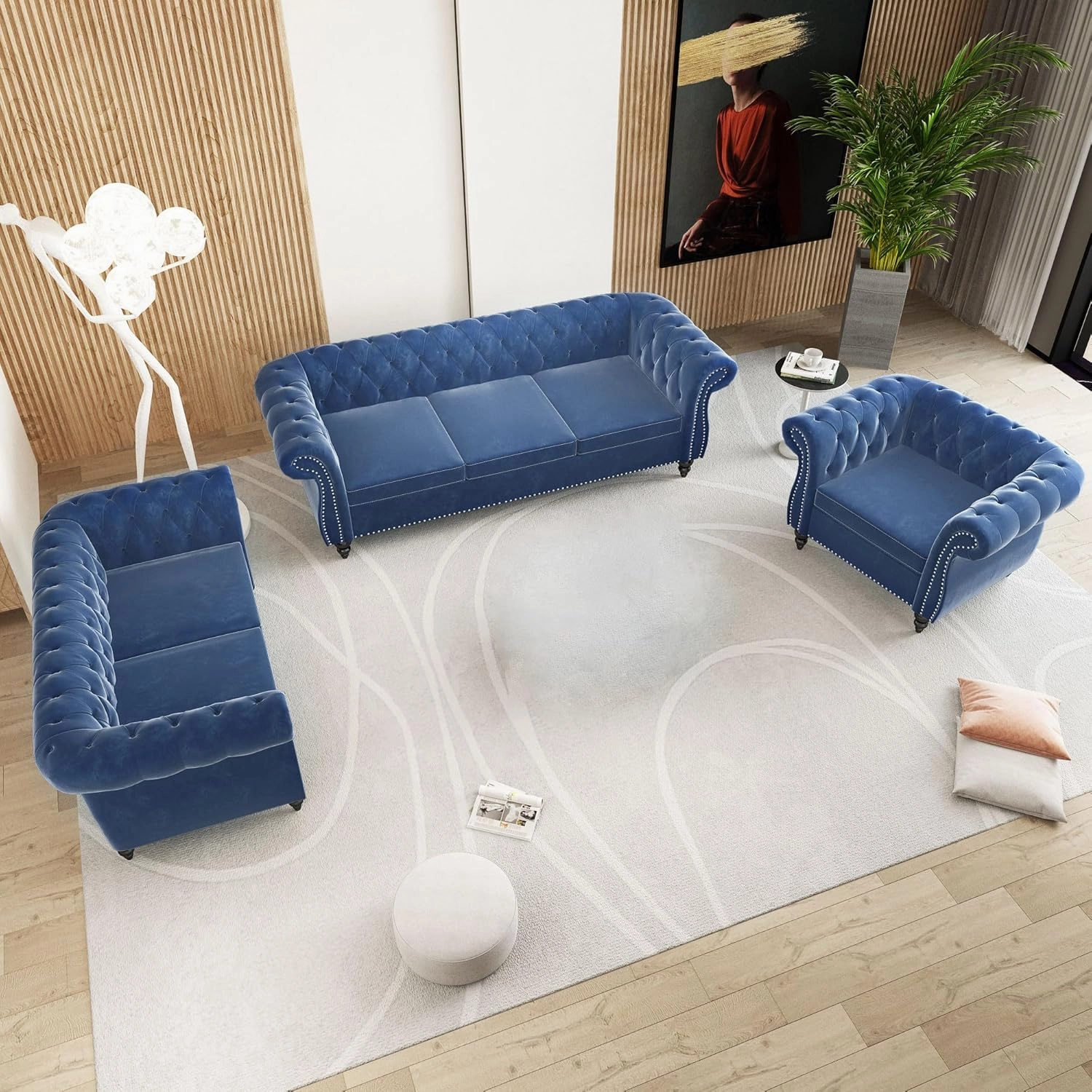 2 Piece Living Room Sofa Set, Chesterfield 3 Seat Sofa Loveseat, Modern Velvet Couch Set with Rolled Arms and Nailhead Upholstered for Living Room, Office and Apartment, Blue