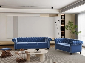 2 Piece Living Room Sofa Set, Chesterfield 3 Seat Sofa Loveseat, Modern Velvet Couch Set with Rolled Arms and Nailhead Upholstered for Living Room, Office and Apartment, Blue