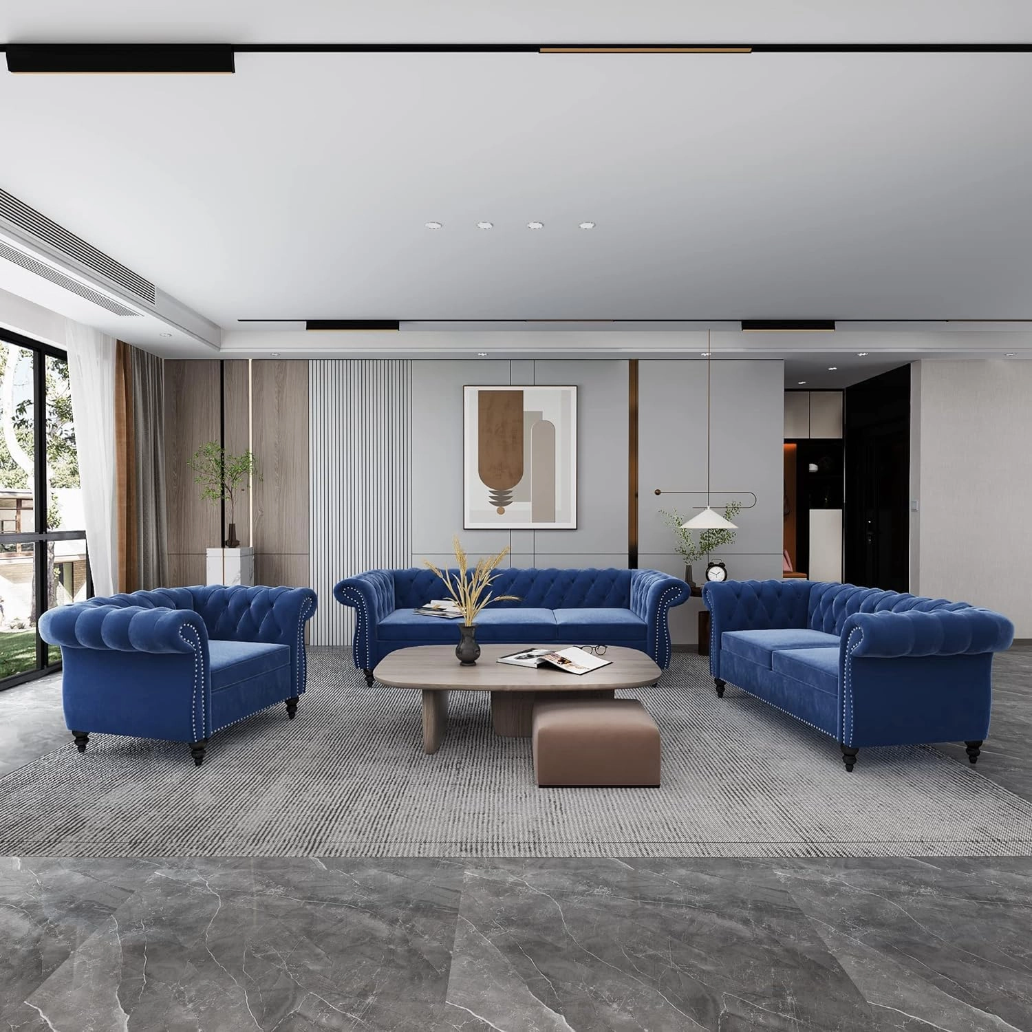 2 Piece Living Room Sofa Set, Chesterfield 3 Seat Sofa Loveseat, Modern Velvet Couch Set with Rolled Arms and Nailhead Upholstered for Living Room, Office and Apartment, Blue
