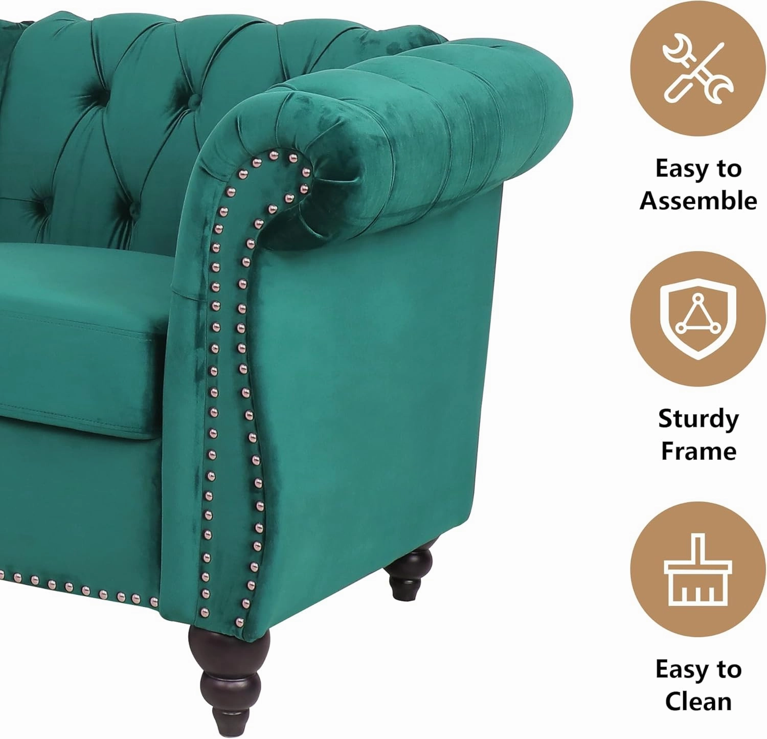 2 Piece Living Room Sofa Set, Chesterfield 3 Seat Sofa Loveseat, Modern Velvet Couch Set with Rolled Arms and Nailhead Upholstered for Living Room, Office and Apartment, Green