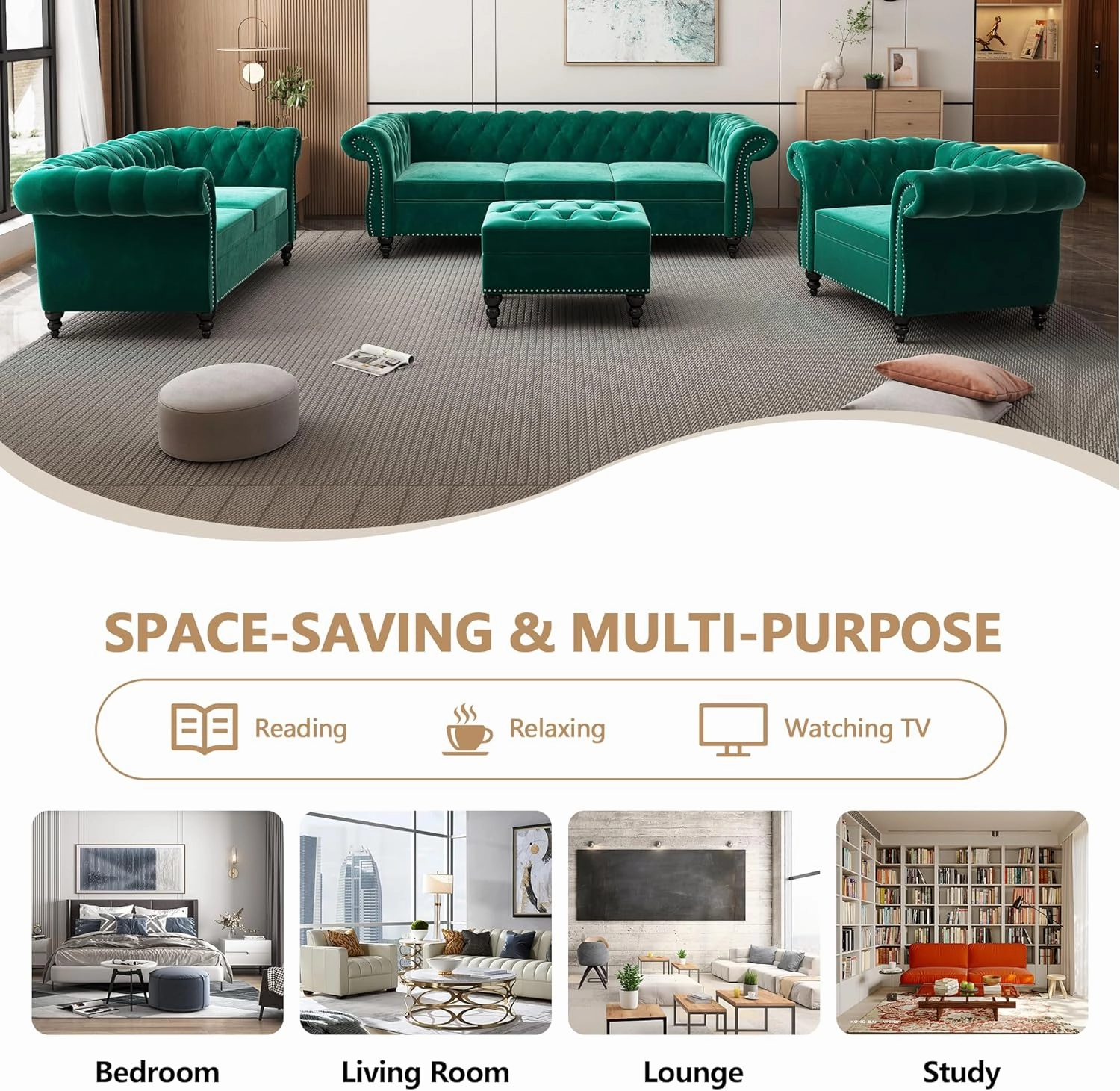 2 Piece Living Room Sofa Set, Chesterfield 3 Seat Sofa Loveseat, Modern Velvet Couch Set with Rolled Arms and Nailhead Upholstered for Living Room, Office and Apartment, Green