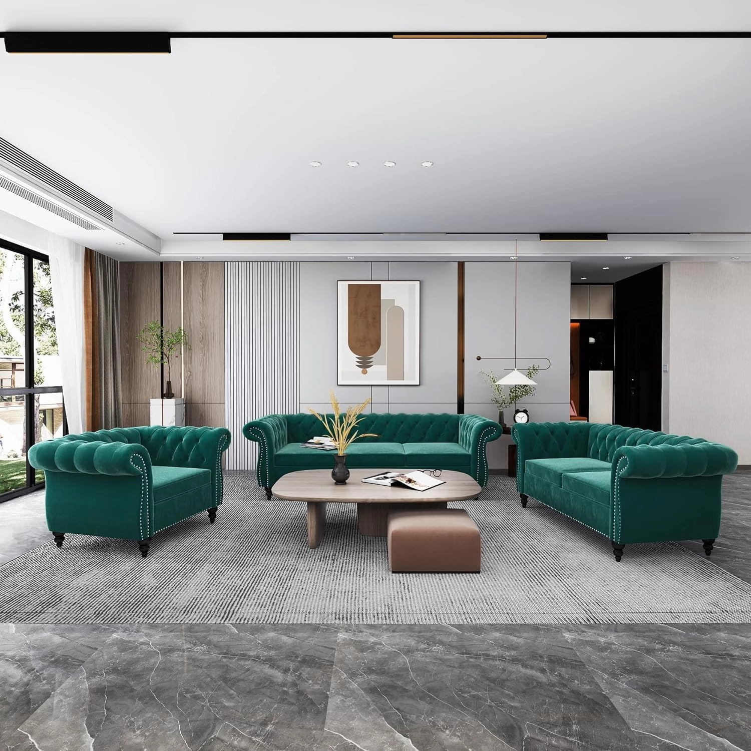 2 Piece Living Room Sofa Set, Chesterfield 3 Seat Sofa Loveseat, Modern Velvet Couch Set with Rolled Arms and Nailhead Upholstered for Living Room, Office and Apartment, Green