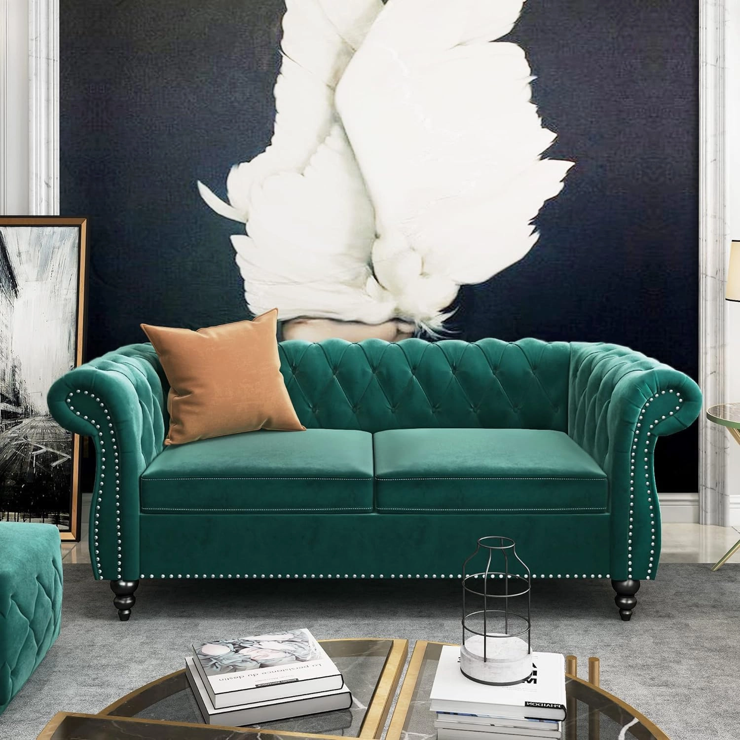 2 Piece Living Room Sofa Set, Chesterfield 3 Seat Sofa Loveseat, Modern Velvet Couch Set with Rolled Arms and Nailhead Upholstered for Living Room, Office and Apartment, Green