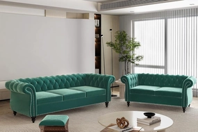 2 Piece Living Room Sofa Set, Chesterfield 3 Seat Sofa Loveseat, Modern Velvet Couch Set with Rolled Arms and Nailhead Upholstered for Living Room, Office and Apartment, Green