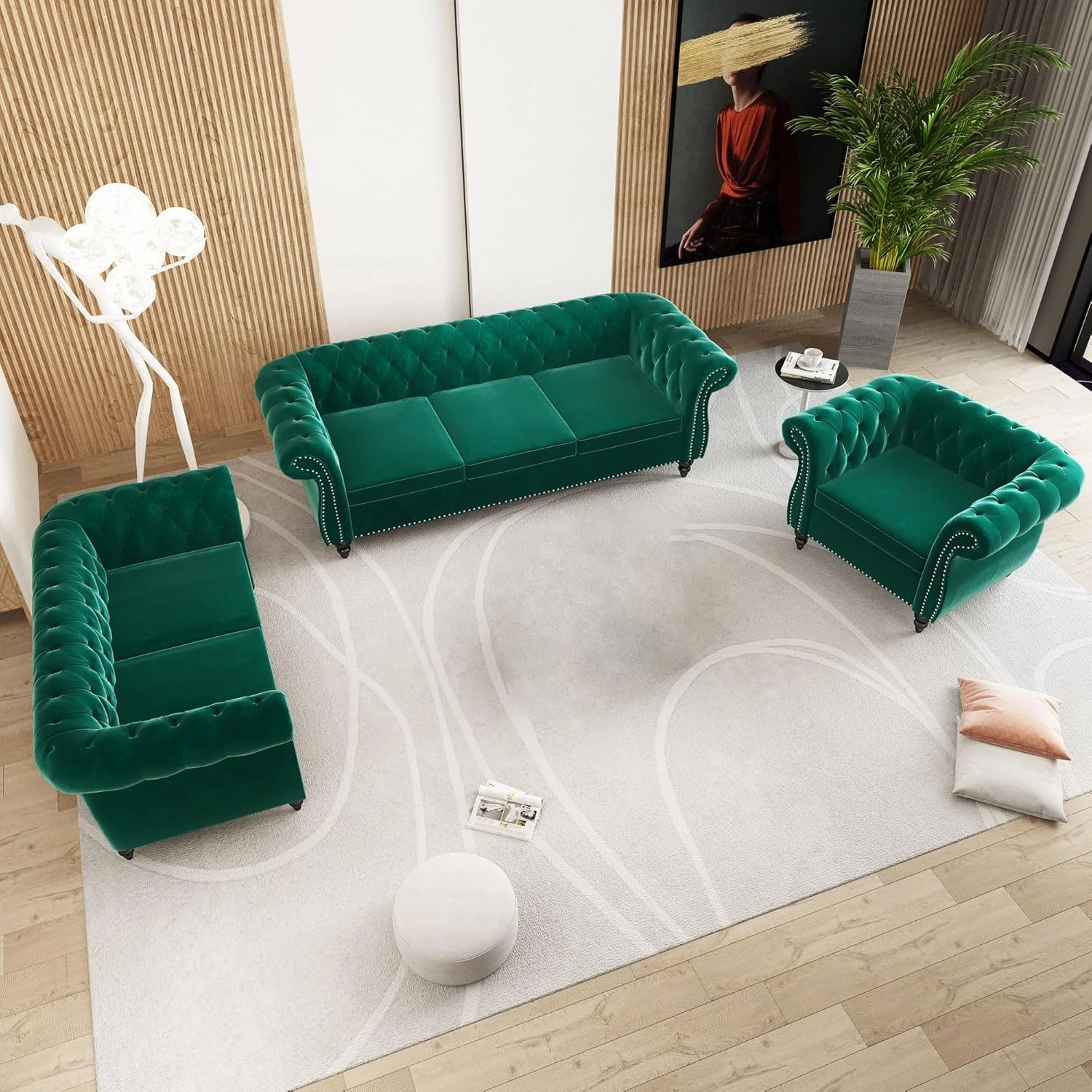 2 Piece Living Room Sofa Set, Chesterfield 3 Seat Sofa Loveseat, Modern Velvet Couch Set with Rolled Arms and Nailhead Upholstered for Living Room, Office and Apartment, Green