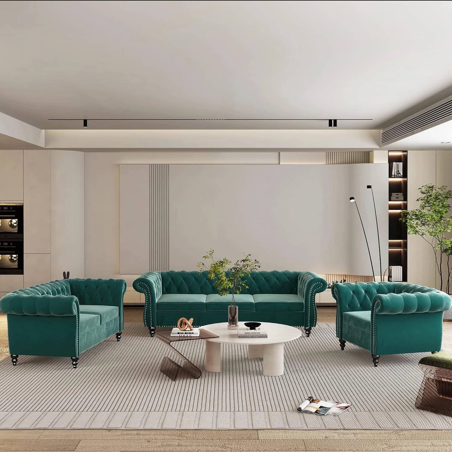 2 Piece Living Room Sofa Set, Chesterfield 3 Seat Sofa Loveseat, Modern Velvet Couch Set with Rolled Arms and Nailhead Upholstered for Living Room, Office and Apartment, Green