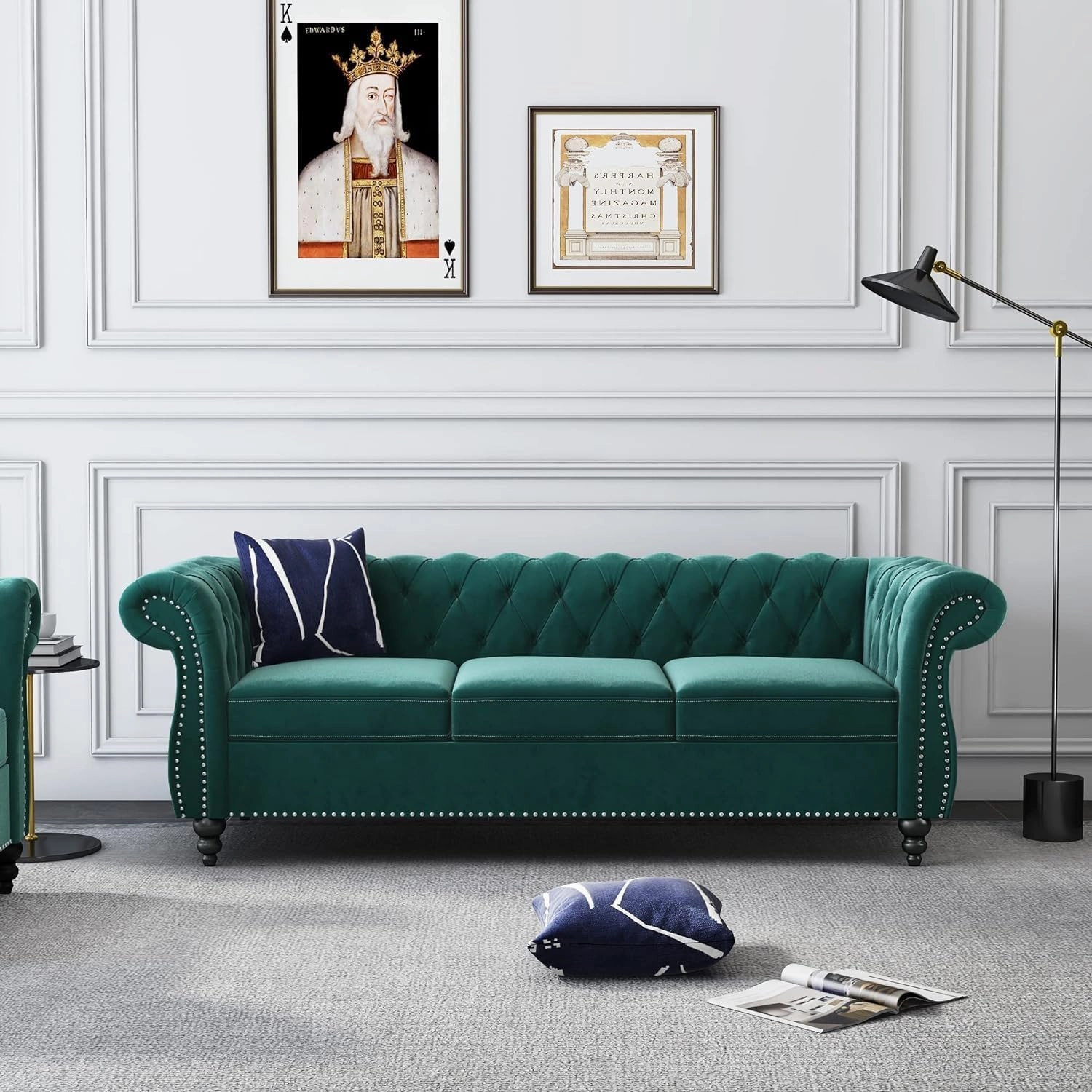 2 Piece Living Room Sofa Set, Chesterfield 3 Seat Sofa Loveseat, Modern Velvet Couch Set with Rolled Arms and Nailhead Upholstered for Living Room, Office and Apartment, Green