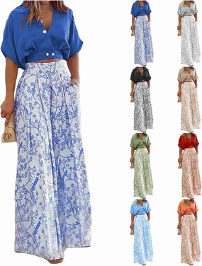 2 Piece Sets for Women Short Sleeve Tops Matching Print Wide Leg Pants Set Suit Floral Outfit Crop Shirt Top Jumpsuit