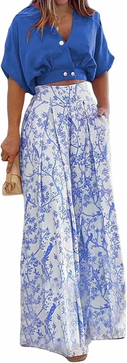2 Piece Sets for Women Short Sleeve Tops Matching Print Wide Leg Pants Set Suit Floral Outfit Crop Shirt Top Jumpsuit