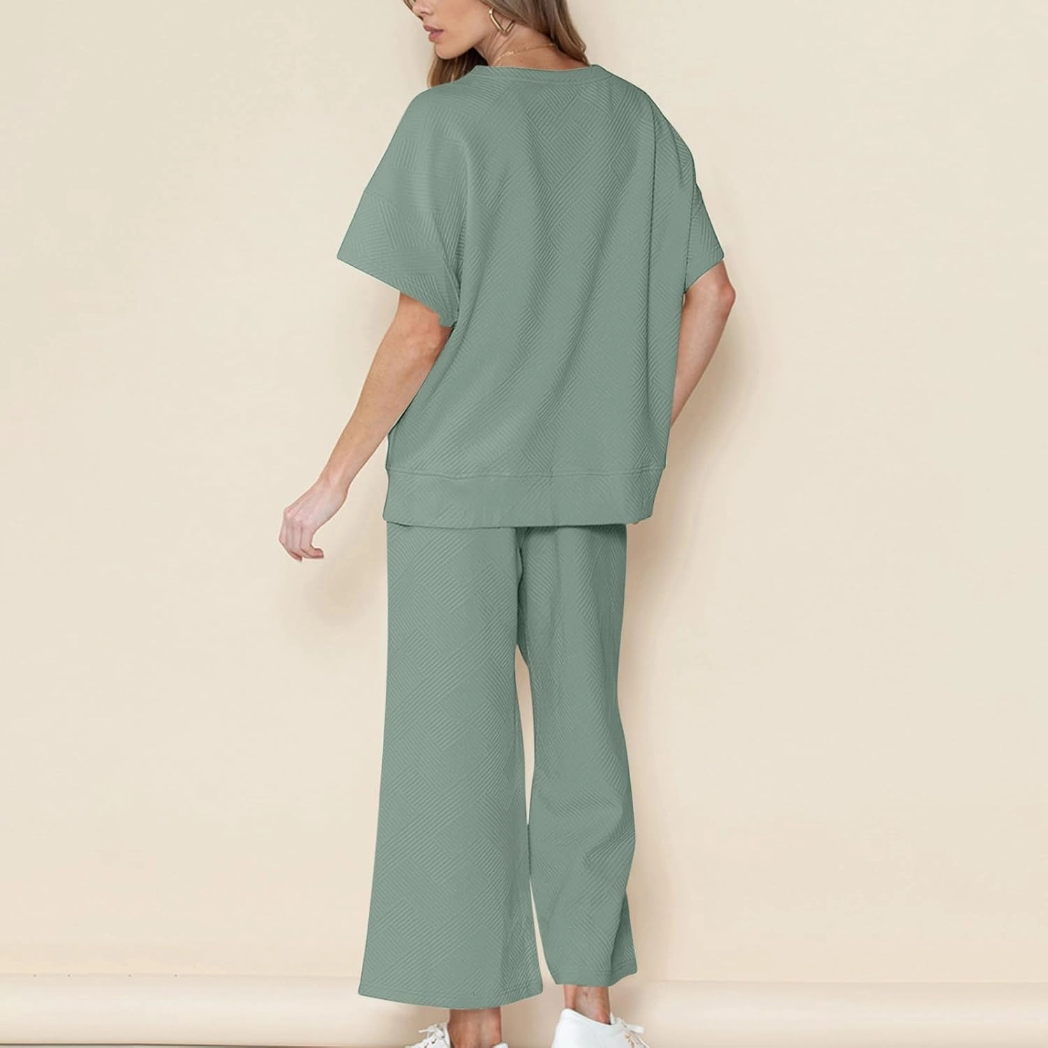 2 Piece Sets For Women Trendy 2024 Summer Loose Pullover Top Wide Leg Pant Tracksuit Set Textured Sweatsuit Outfits