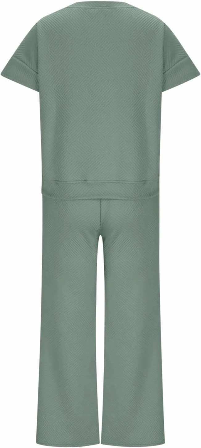 2 Piece Sets For Women Trendy 2024 Summer Loose Pullover Top Wide Leg Pant Tracksuit Set Textured Sweatsuit Outfits