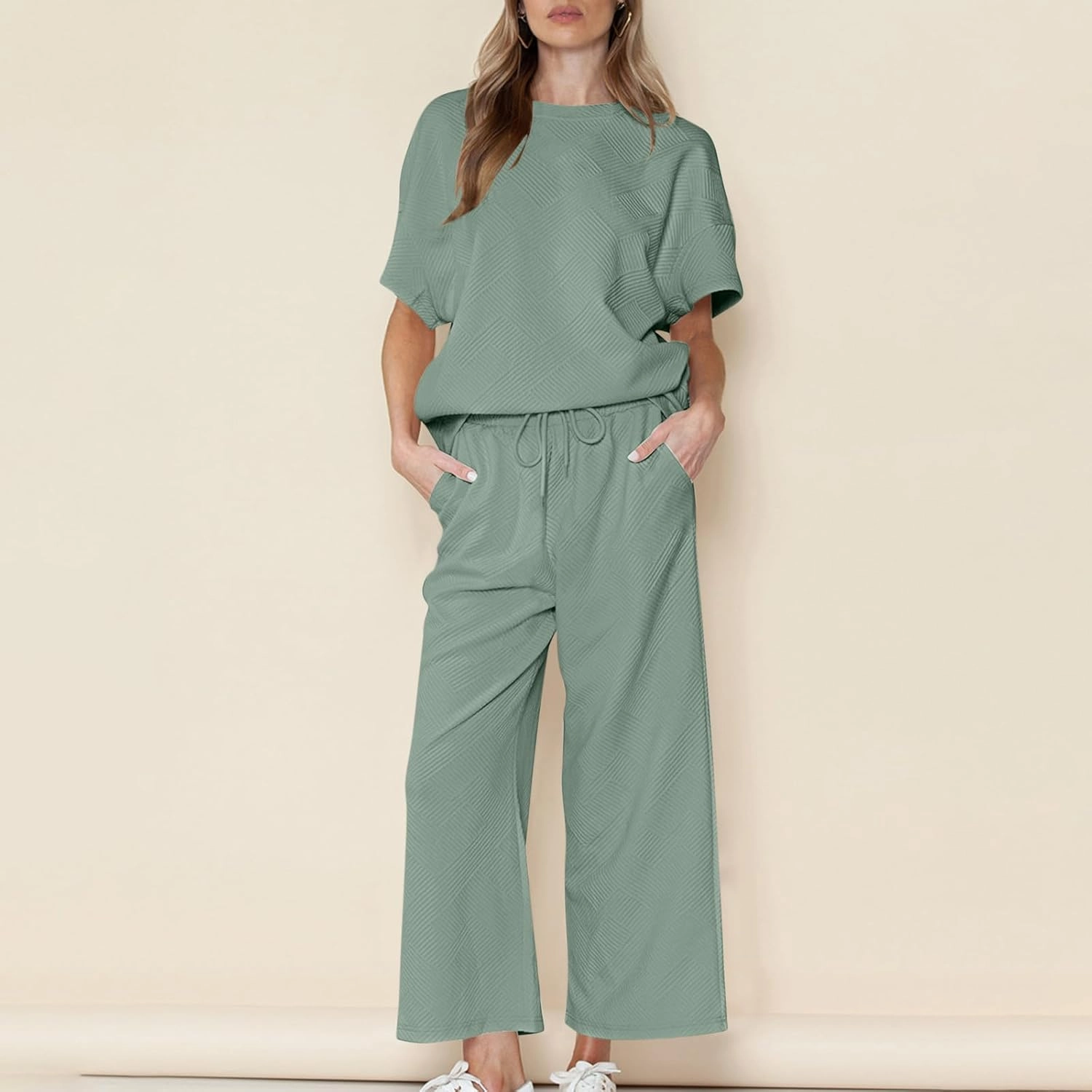 2 Piece Sets For Women Trendy 2024 Summer Loose Pullover Top Wide Leg Pant Tracksuit Set Textured Sweatsuit Outfits