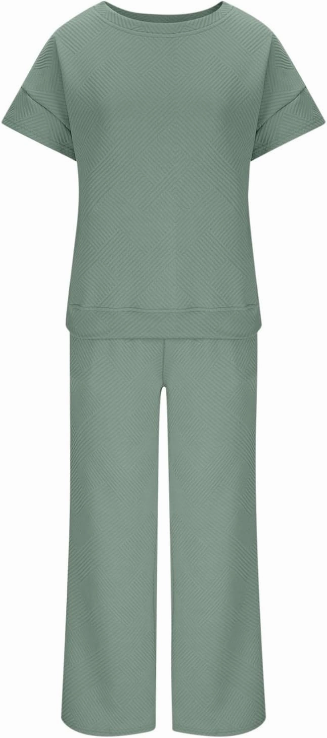2 Piece Sets For Women Trendy 2024 Summer Loose Pullover Top Wide Leg Pant Tracksuit Set Textured Sweatsuit Outfits