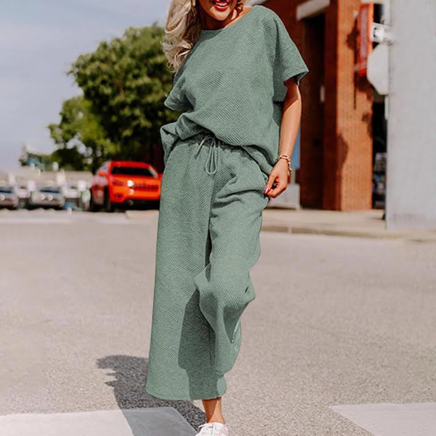 2 Piece Sets For Women Trendy 2024 Summer Loose Pullover Top Wide Leg Pant Tracksuit Set Textured Sweatsuit Outfits