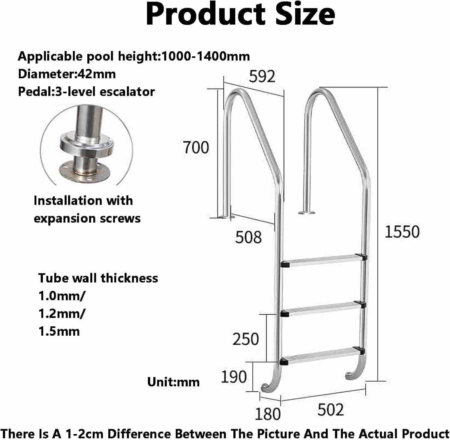 2 Step Swimming Pool Ladder,with Stainless Steel Stairs,for Open Air Bath Water Park Easy to Install,Weight Capacity 550 Lbs(2-steps1.2mm)