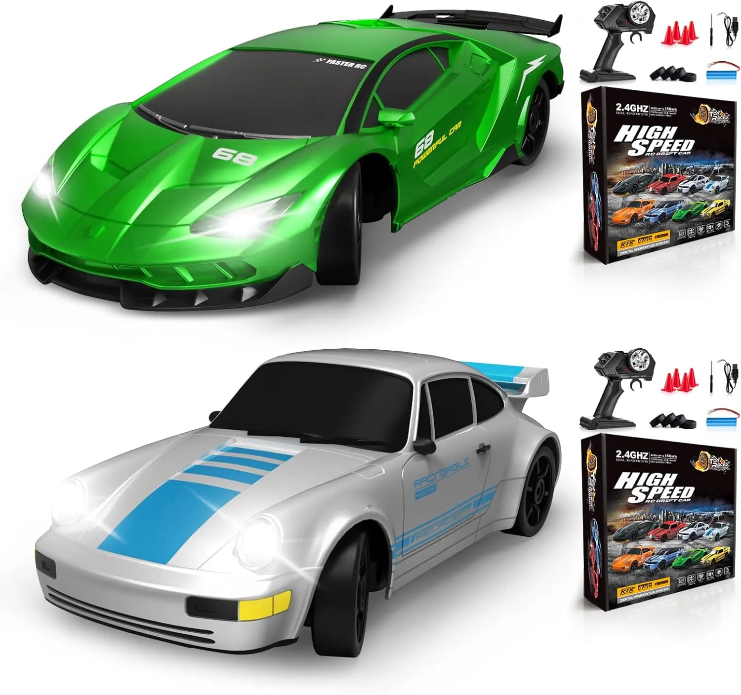 2PCS RC Drift Car Remote Control Car 2.4GHz 1/24 4WD 15KM/H High Speed Racing Sport Car with LED Lights Drifting Tire Racing Sport Toy for Adults Boys Girls Kids Gift 2Pcs Rechargeable Batteries
