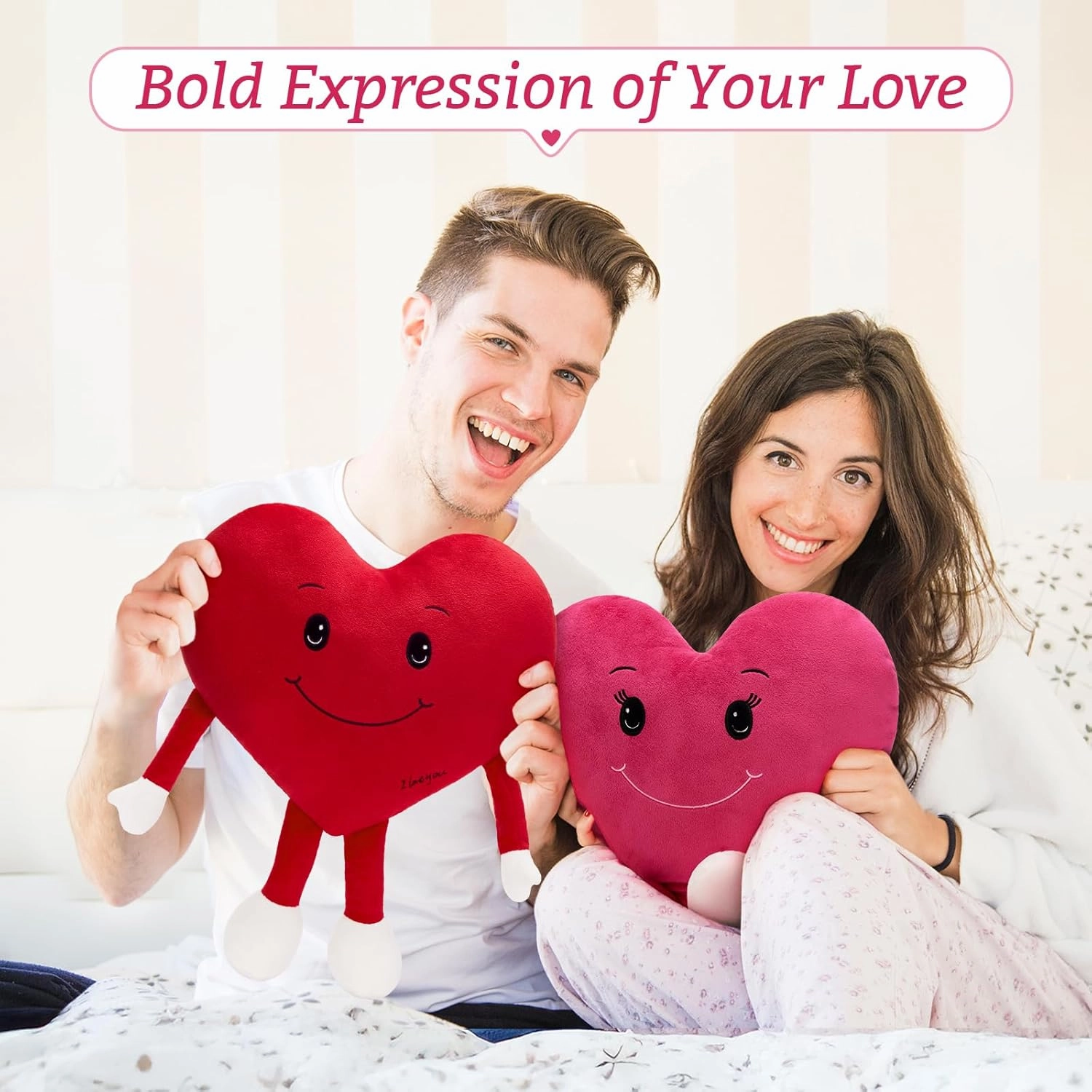 2Pcs Heart Shape Valentines Plush, 10" Love Heart Stuffed Animal with Cute Expression and Limbs,Pink and Red Love Stuffed Toys for Girlfriend Wife Mother Girls,Wedding Decorations