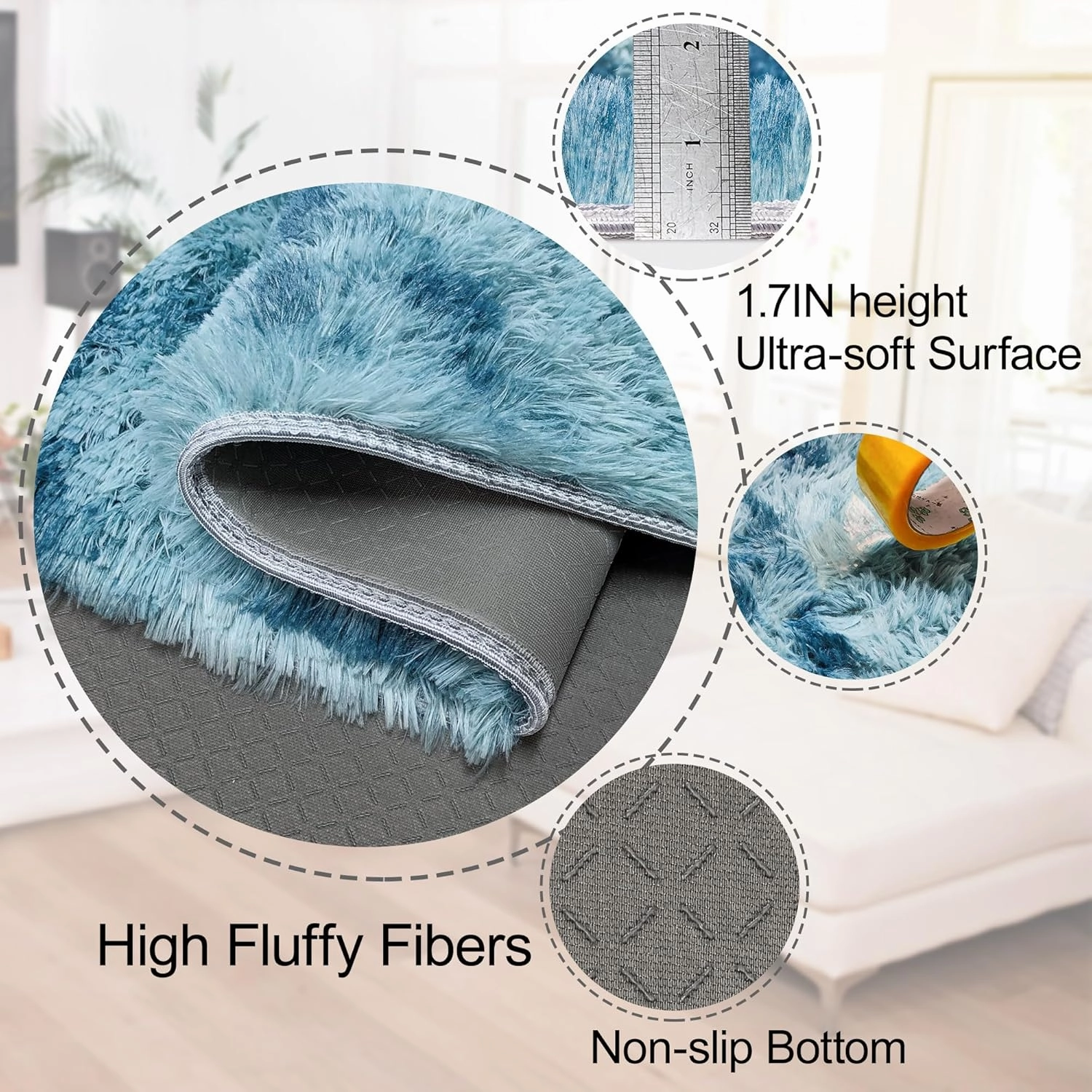 2x6 ft Soft Runner Rugs for Bedroom Living Room Plush Fluffy Rug Blue Shag Rug Carpet Non Slip Washable for Nursery Dorm Fuzzy Bedside Rug Runner for Kids Girls Room Home Decor