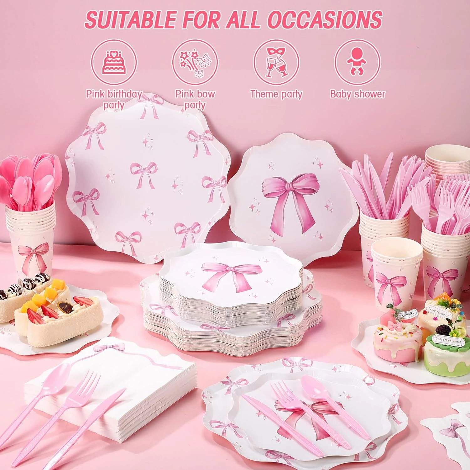 350 Pcs Bow Pink Party Supplies Tableware Set Disposable 9'' 7'' Paper Plates 9 oz Cups Cutlery Napkins Dinnerware Set for 1st Birthday, Serve 50 (Bow, Pink)