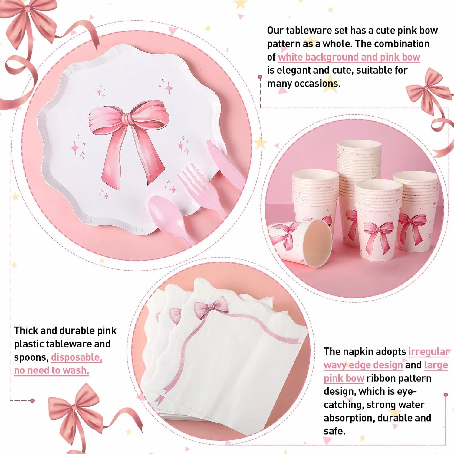 350 Pcs Bow Pink Party Supplies Tableware Set Disposable 9'' 7'' Paper Plates 9 oz Cups Cutlery Napkins Dinnerware Set for 1st Birthday, Serve 50 (Bow, Pink)
