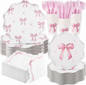350 Pcs Bow Pink Party Supplies Tableware Set Disposable 9'' 7'' Paper Plates 9 oz Cups Cutlery Napkins Dinnerware Set for 1st Birthday, Serve 50 (Bow, Pink)