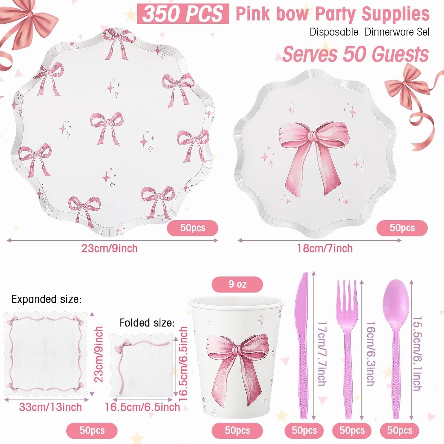 350 Pcs Bow Pink Party Supplies Tableware Set Disposable 9'' 7'' Paper Plates 9 oz Cups Cutlery Napkins Dinnerware Set for 1st Birthday, Serve 50 (Bow, Pink)