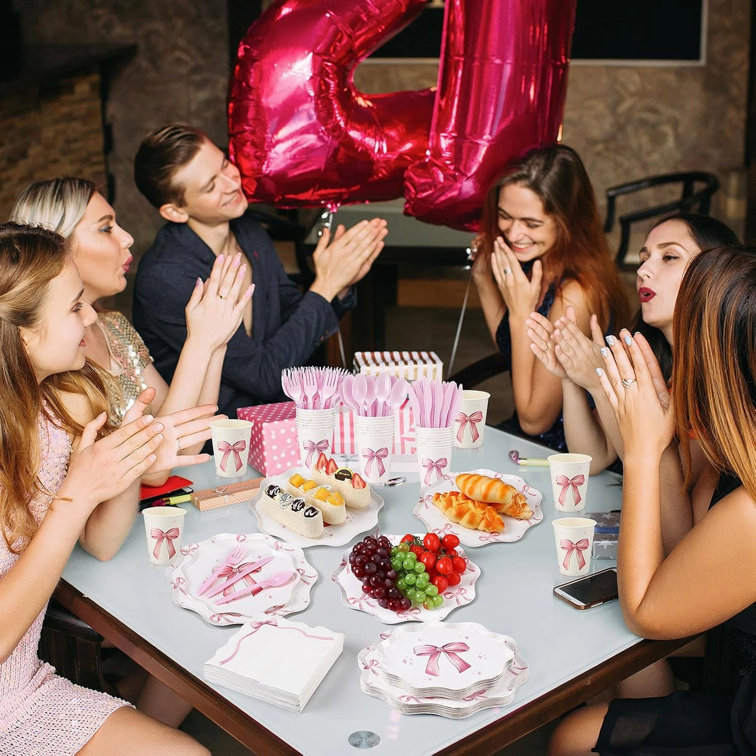 350 Pcs Bow Pink Party Supplies Tableware Set Disposable 9'' 7'' Paper Plates 9 oz Cups Cutlery Napkins Dinnerware Set for 1st Birthday, Serve 50 (Bow, Pink)