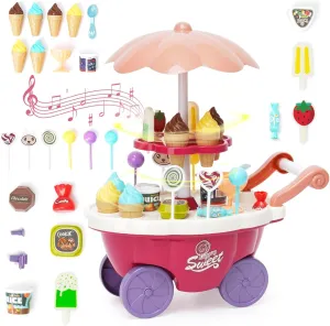 36PCS Ice Cream Toys Candy Cart Kids Play House Toys with Candy Ice Cream Lollipop Chocolate Large Storage Music Rrotatable Pretend Play Early Educational Toy Gift for Toddler Boys Girls 3  Years Old