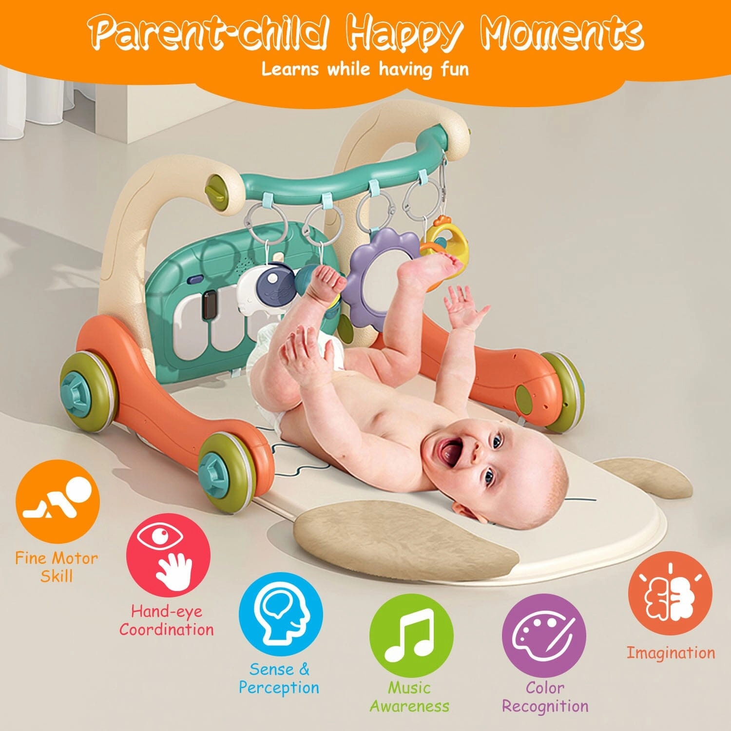 3-in-1 Baby Gym Playmat with Learning Walker for 0-12 Months Old