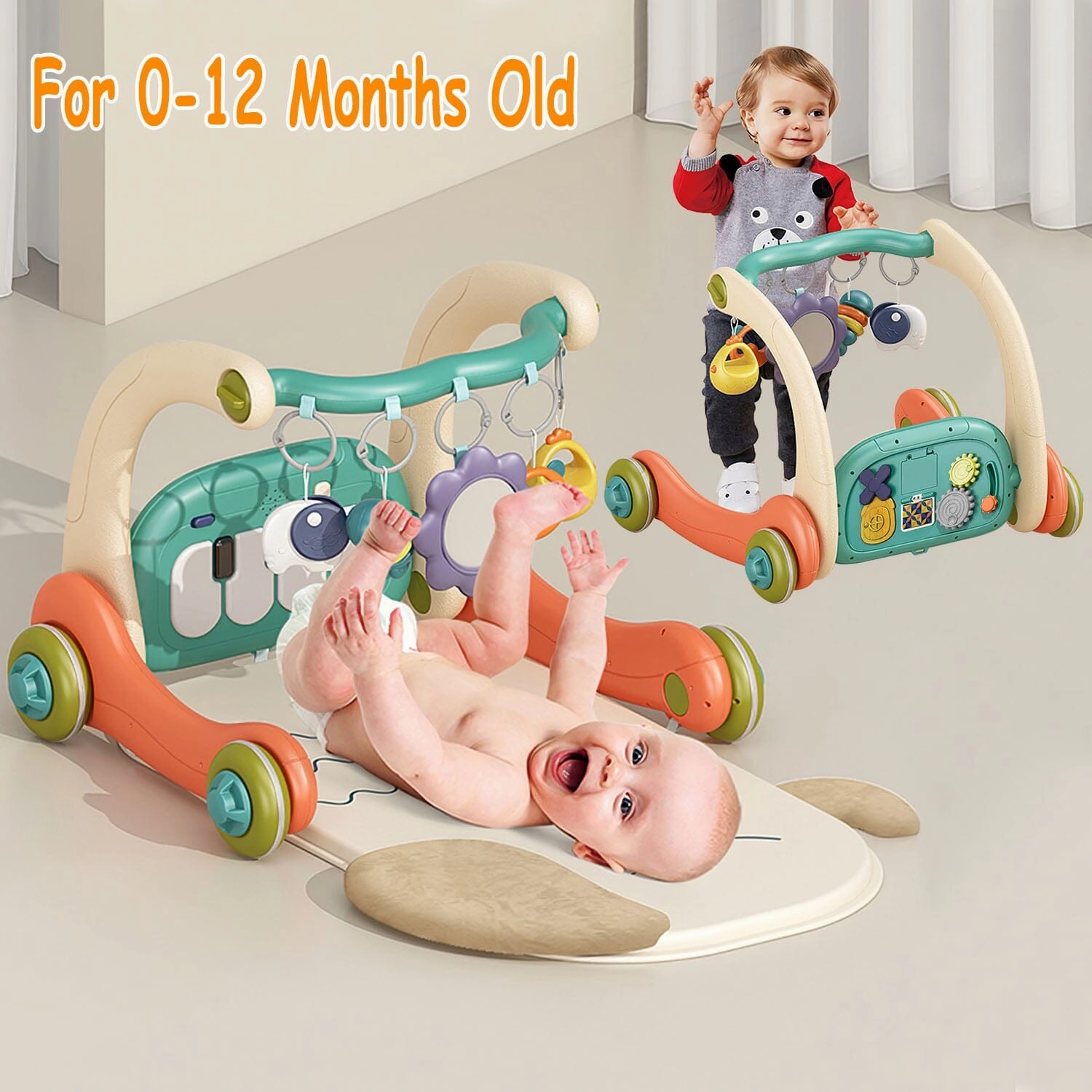 3-in-1 Baby Gym Playmat with Learning Walker for 0-12 Months Old