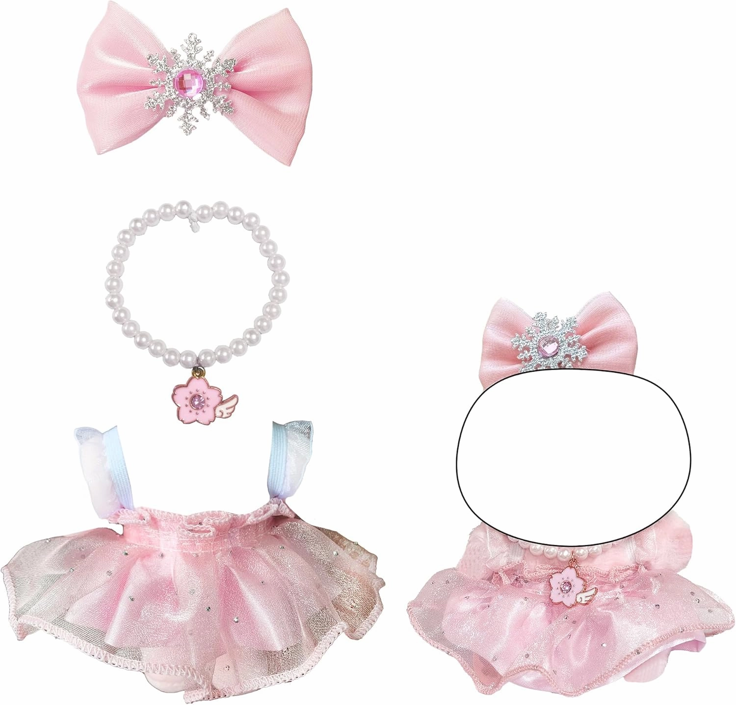 3-Piece Set – Clothes for 17cm Dolls and Plush Toys –17cm Doll Dress with Faux Pearl Necklace & Bow – Doll Accessories Only, No Doll Included (Pink)