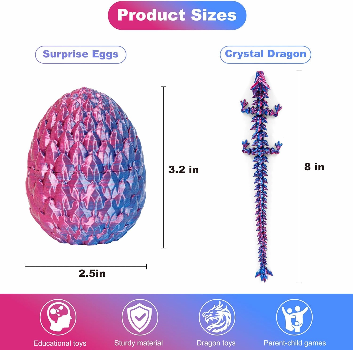 3D Printed Dragon Egg Toy (4 Pack) - Surprise Mystery Inside, Articulated Crystal Dragon, Fidget Sensory Toy for Kids Birthday Surprise & Desk Decor