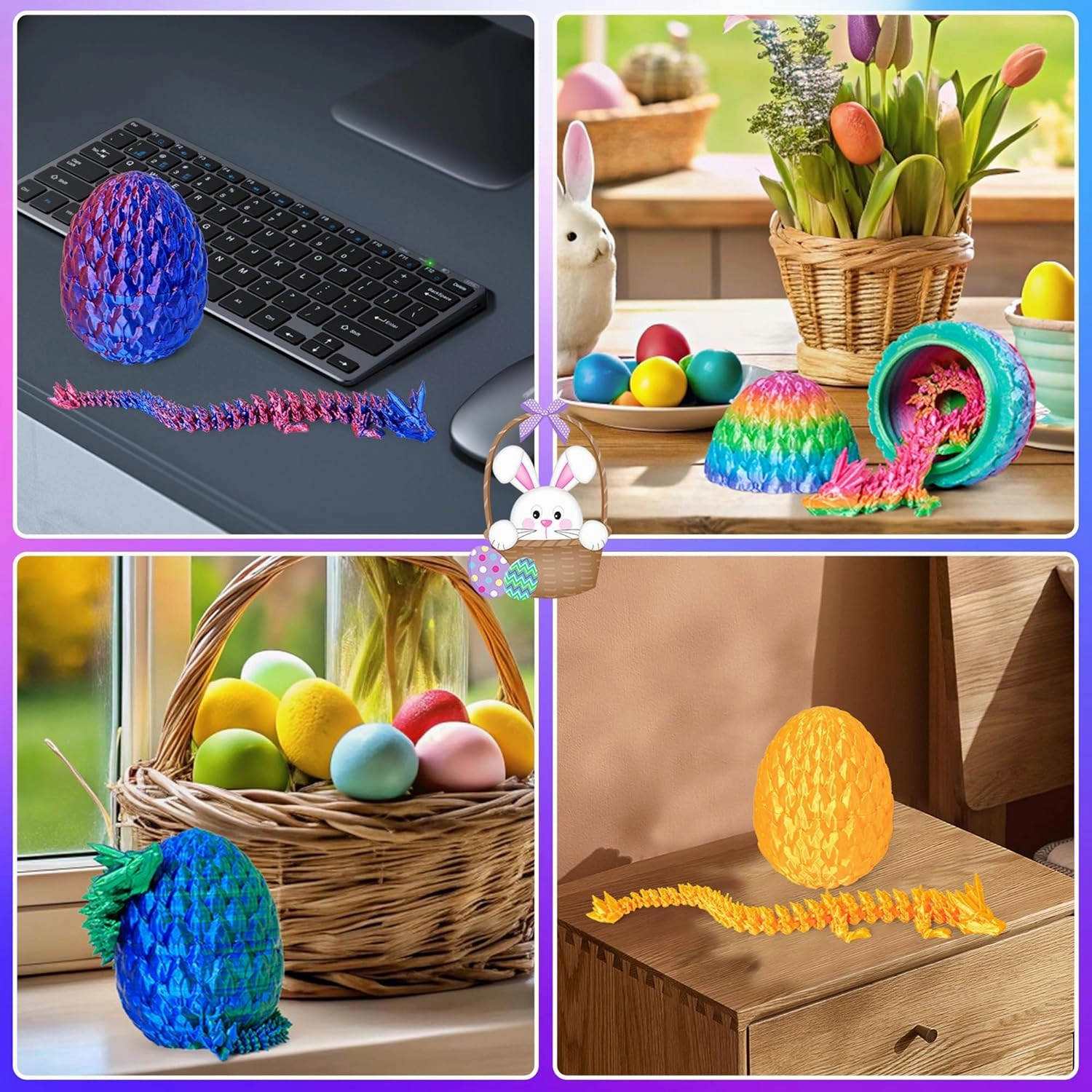 3D Printed Dragon Egg Toy (4 Pack) - Surprise Mystery Inside, Articulated Crystal Dragon, Fidget Sensory Toy for Kids Birthday Surprise & Desk Decor