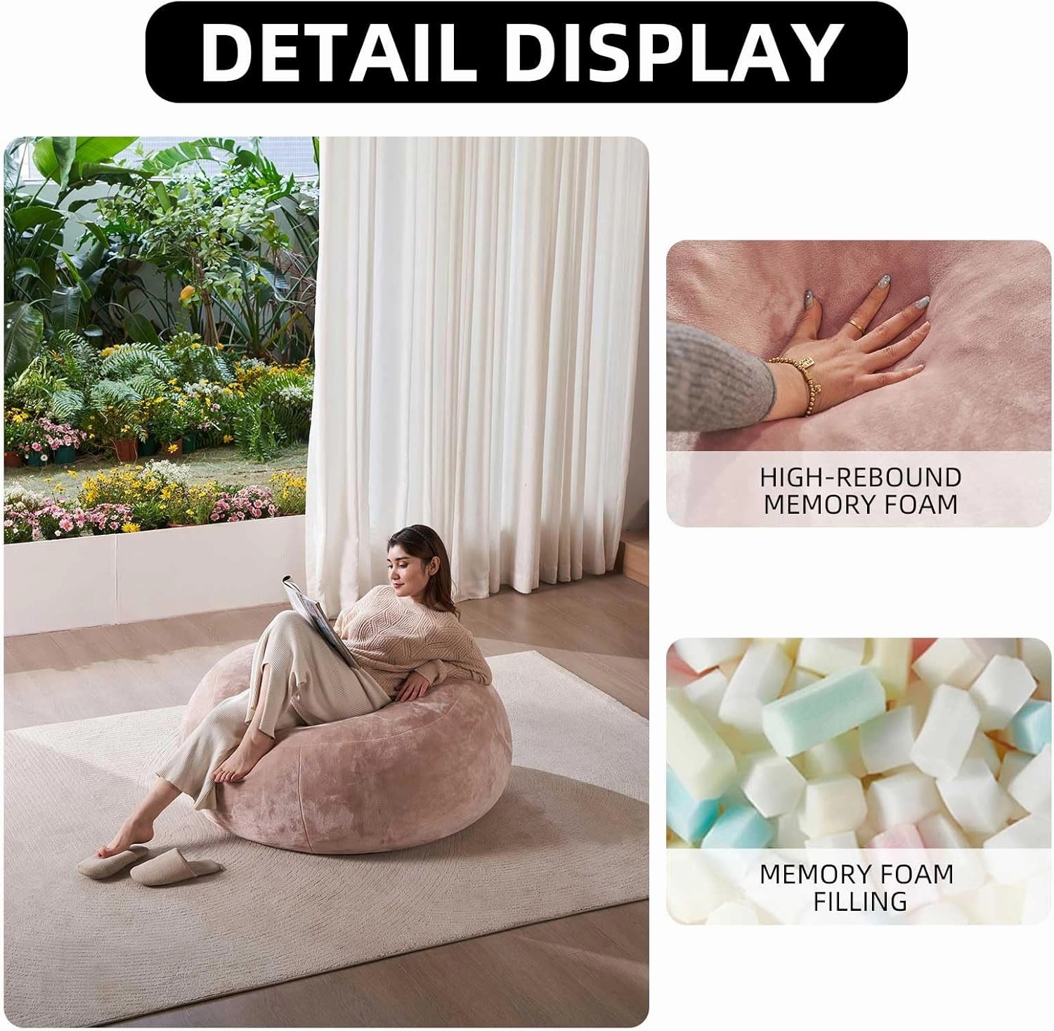 3FT,Bean Bag Chair，Bean Bag with Filling，Highly Resilient Memory Foam ，Round Plush Bean Bag，mueble para sala modernos，Leisure Read Chair Suitable for Bedroom and Dormitory(Pink)