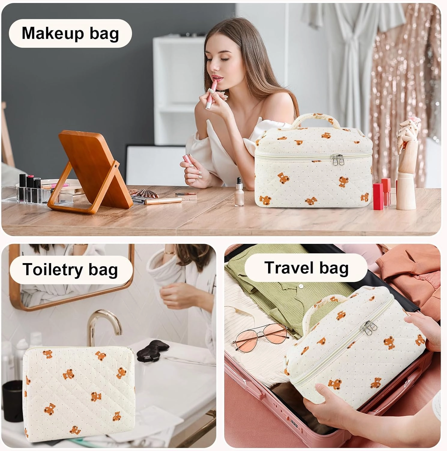 3PCS Makeup Bag Set, Quilted Cosmetic Bag, Large Travel Aesthetic Make up Bag, Cute Coquette Toiletry Bag for Women Girls