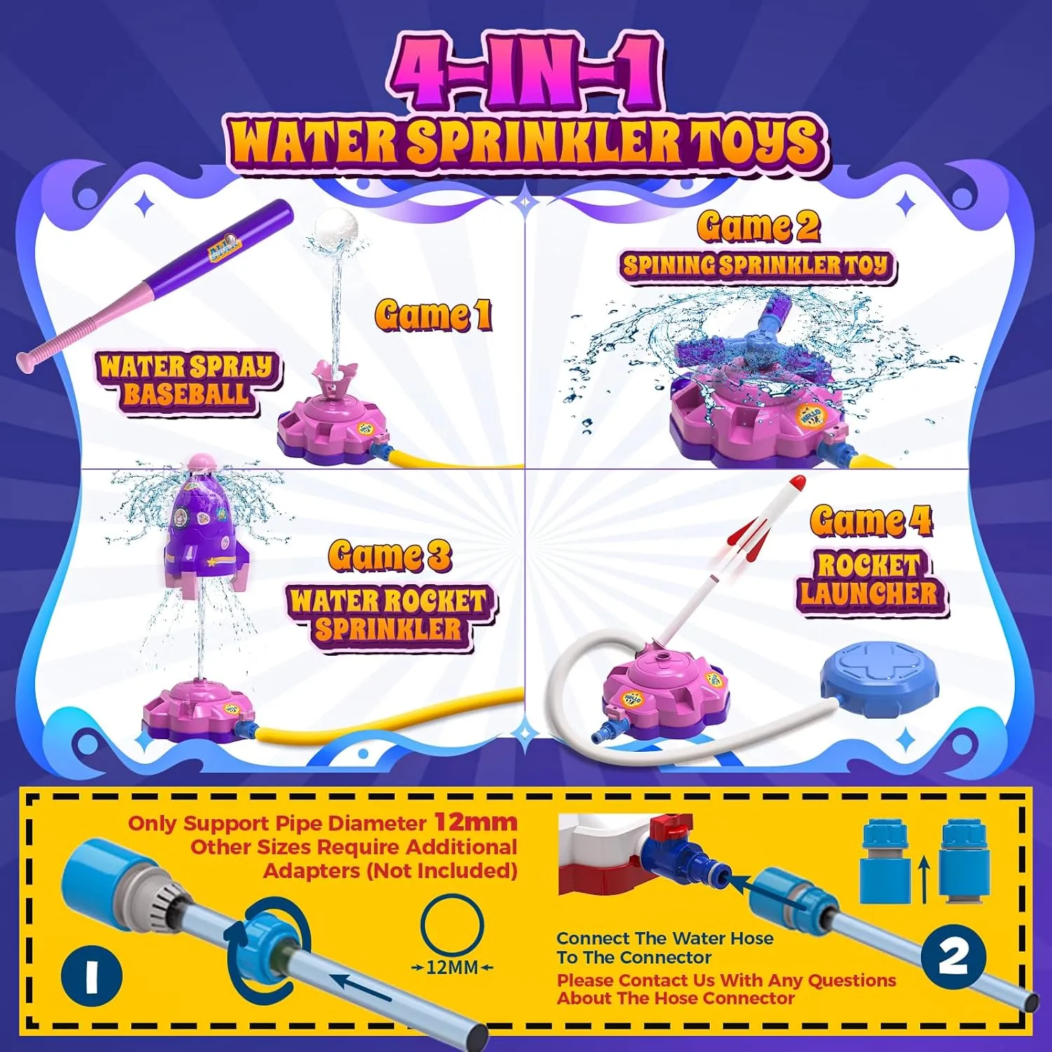 4-in-1 Water Sprinkler Baseball Toy for Kids, Outdoor Water Rocket Sprinkler Launch Toys for Yard, 4 Baseballs & Rocket Launcher Outside Lawn Pool Summer Game Gifts for Boys Girls Ages 3-8 8-12 (Pink)