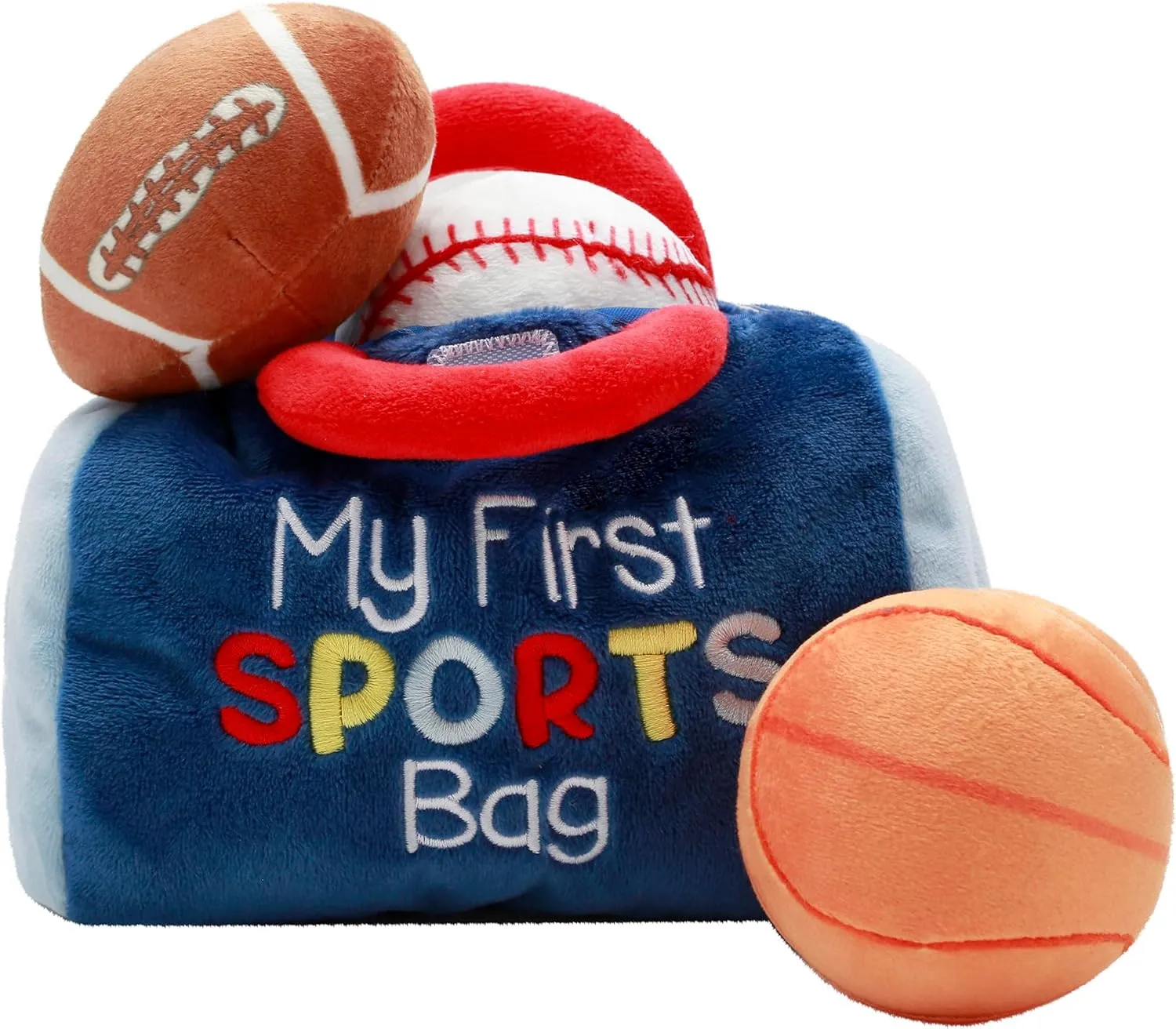 4 Piece Plush My First Sport Bag Play Set with Sensory Toy Balls for Baby, Blue All Sports, 6 inch, Basketball, Baseball, Football