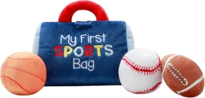 4 Piece Plush My First Sport Bag Play Set with Sensory Toy Balls for Baby, Blue All Sports, 6 inch, Basketball, Baseball, Football