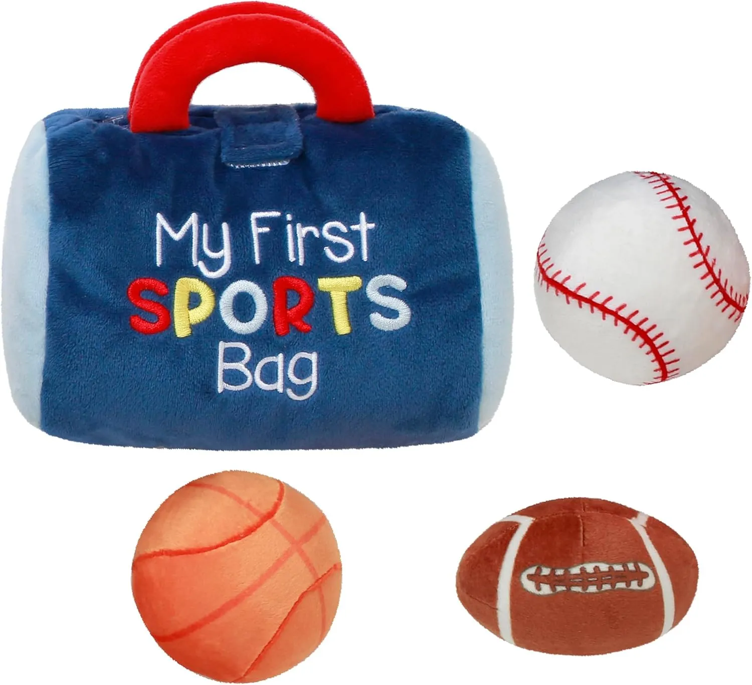 4 Piece Plush My First Sport Bag Play Set with Sensory Toy Balls for Baby, Blue All Sports, 6 inch, Basketball, Baseball, Football