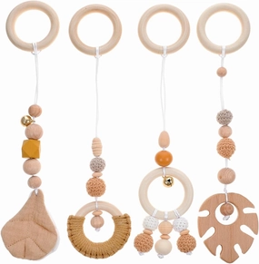 4pcs Leaf Children's Toy Wood Baby Gym Hanging Toys Activity Gym Baby Play Gym Toys Wood Baby Gym Toys Loveevery Plush Toys Baby Playpin Crib Pendant Ornament Yarn, 28x8cm, Khaki