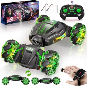 4WD Remote Control Car for Boys,2.4GHz Gesture Sensing Drift RC Cars,360°Flips Off-Road Hand Controlled RC Stunt Car with Lights Music,Toy Car Birthday Gifts for Boys Kids Age 6  (Green
