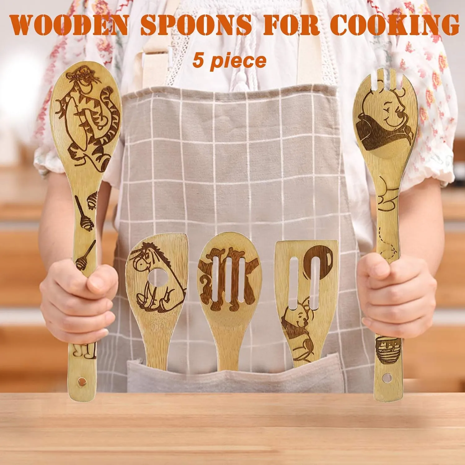 5 PCS Cartoon Wooden Spoons for Cooking,Winnie the Bear Kitchen Accessories,Cute Tiger Spatula for Kitchen Decor,Winnie Bear Kitchen Stuff,Winnie Bear Gifts for Women,Mothers Day Gifts